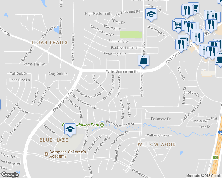map of restaurants, bars, coffee shops, grocery stores, and more near 216 Grand Meadow Dr in Fort Worth
