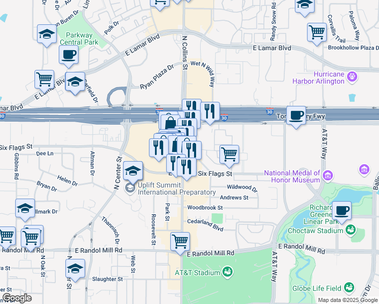 map of restaurants, bars, coffee shops, grocery stores, and more near 1419 N Collins St in Arlington