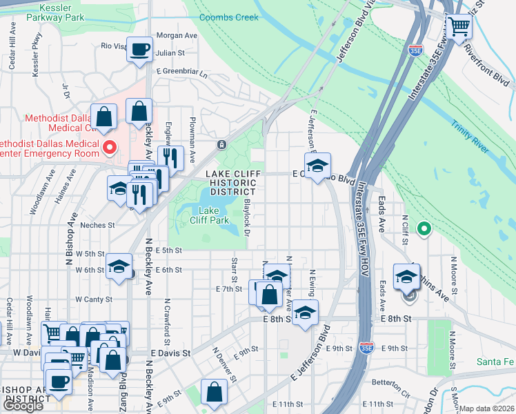 map of restaurants, bars, coffee shops, grocery stores, and more near 723 North Marsalis Avenue in Dallas