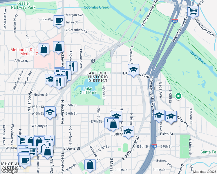 map of restaurants, bars, coffee shops, grocery stores, and more near 723 North Marsalis Avenue in Dallas