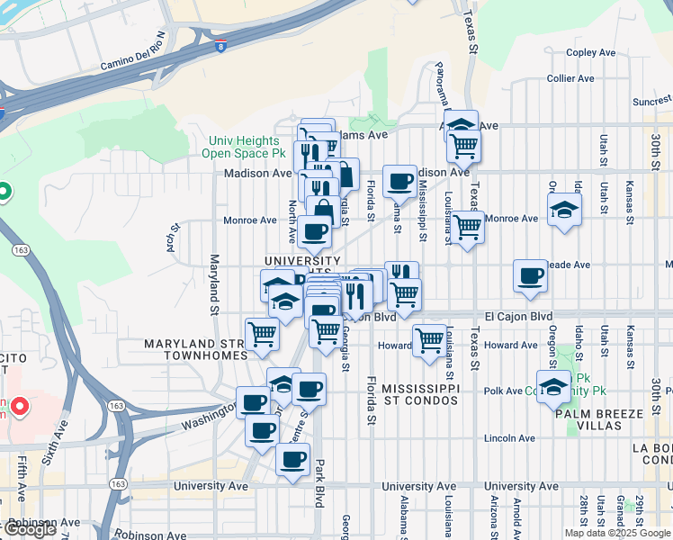 map of restaurants, bars, coffee shops, grocery stores, and more near 1825 Meade Avenue in San Diego