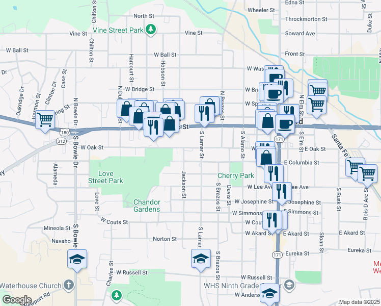 map of restaurants, bars, coffee shops, grocery stores, and more near 511 West Oak Street in Weatherford