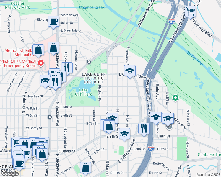 map of restaurants, bars, coffee shops, grocery stores, and more near 727 North Lancaster Avenue in Dallas