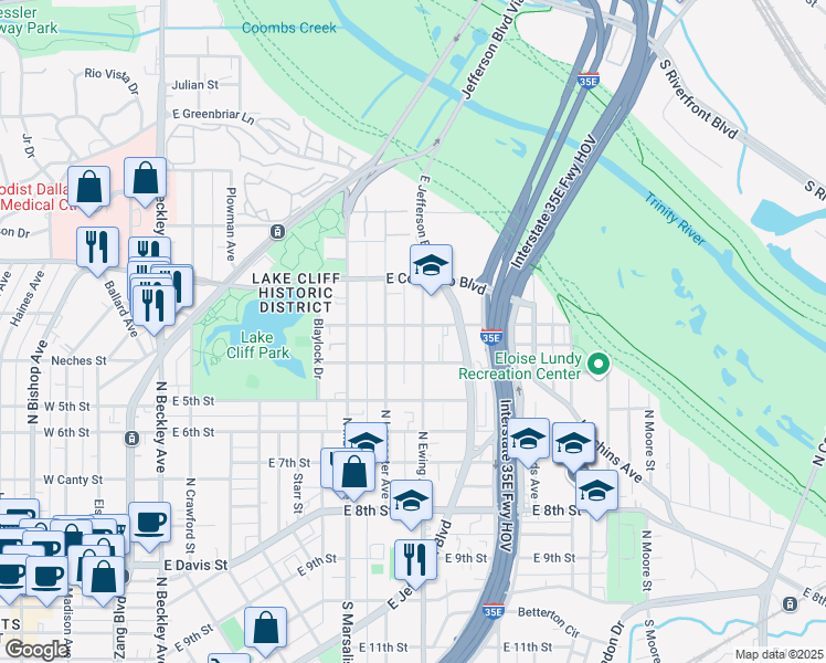map of restaurants, bars, coffee shops, grocery stores, and more near 731 North Ewing Avenue in Dallas