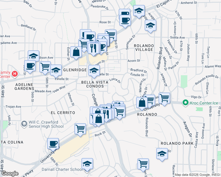 map of restaurants, bars, coffee shops, grocery stores, and more near 4372 Cartagena Drive in San Diego