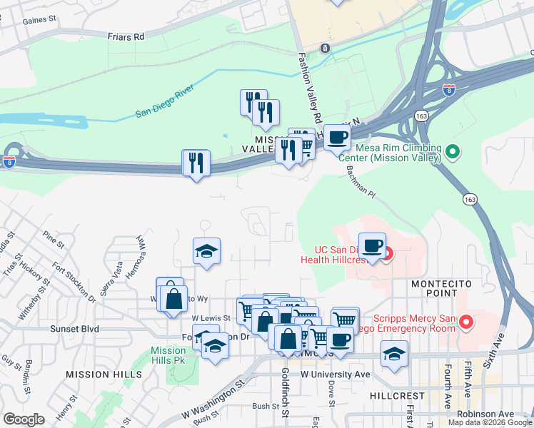 map of restaurants, bars, coffee shops, grocery stores, and more near 4364 Hawk Street in San Diego