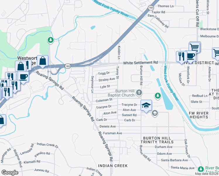 map of restaurants, bars, coffee shops, grocery stores, and more near 5825 Lyle Street in Westworth Village