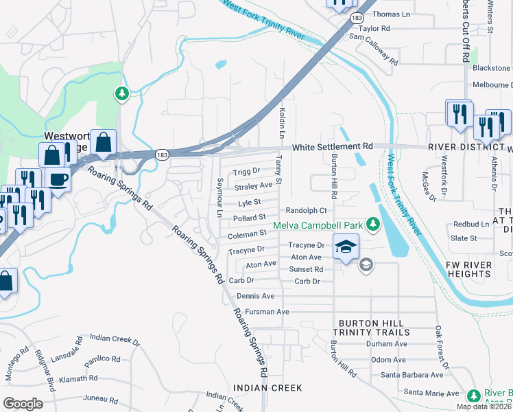 map of restaurants, bars, coffee shops, grocery stores, and more near 5825 Lyle Street in Westworth Village