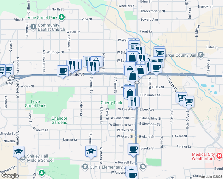 map of restaurants, bars, coffee shops, grocery stores, and more near 311 West Oak Street in Weatherford