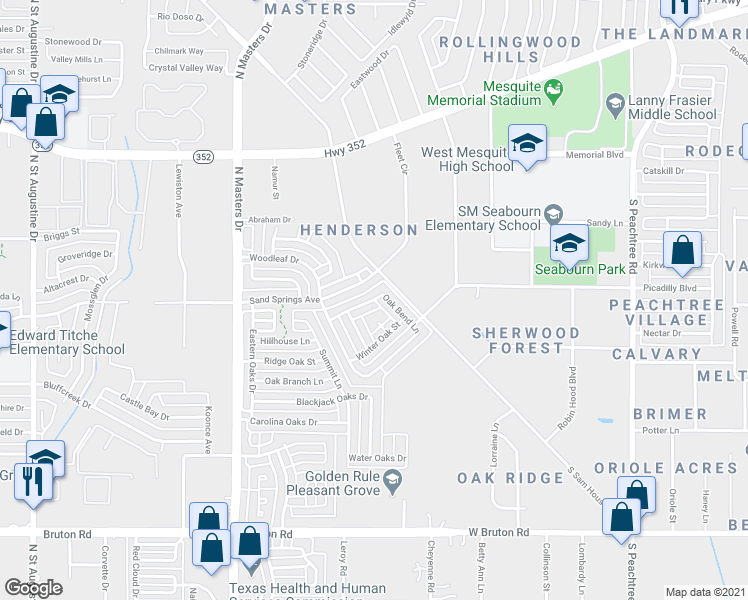 map of restaurants, bars, coffee shops, grocery stores, and more near 2654 Oak Bend Lane in Dallas