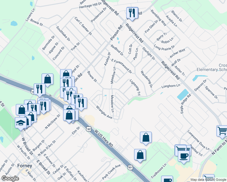 map of restaurants, bars, coffee shops, grocery stores, and more near 117 Bowie Street in Forney