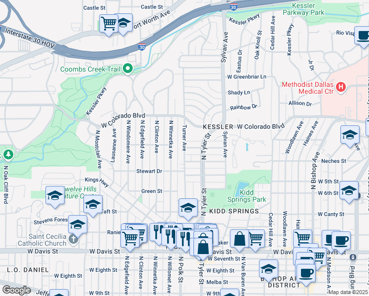map of restaurants, bars, coffee shops, grocery stores, and more near Turner Avenue in Dallas