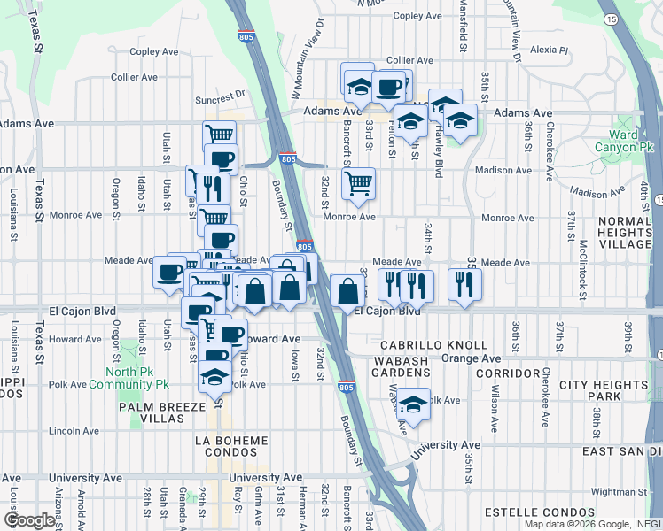 map of restaurants, bars, coffee shops, grocery stores, and more near in San Diego