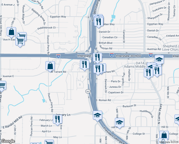 map of restaurants, bars, coffee shops, grocery stores, and more near President George Bush Turnpike in Grand Prairie