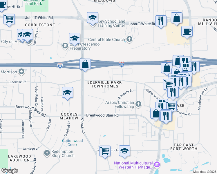 map of restaurants, bars, coffee shops, grocery stores, and more near 8028 Ederville Circle in Fort Worth