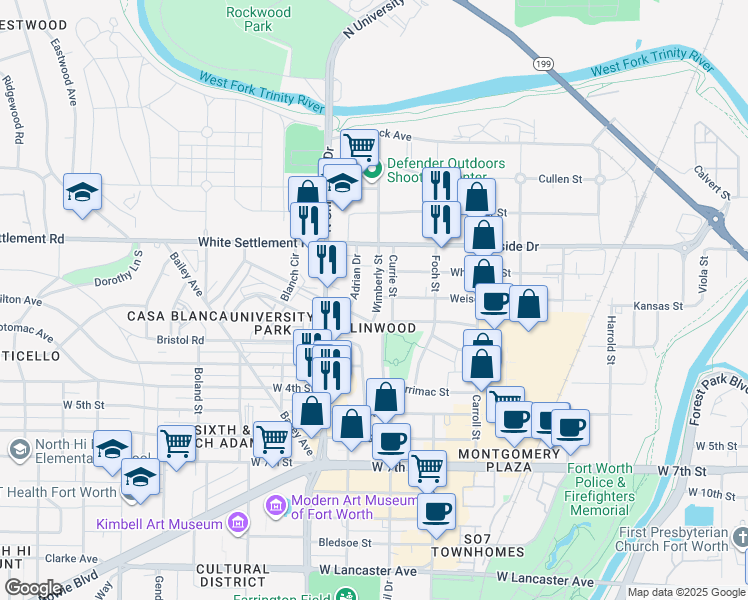 map of restaurants, bars, coffee shops, grocery stores, and more near 228 Wimberly Street in Fort Worth