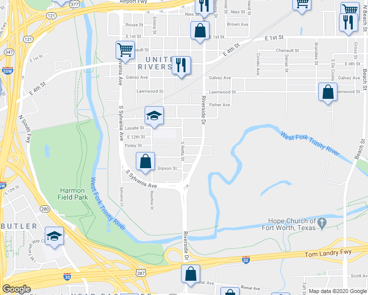 map of restaurants, bars, coffee shops, grocery stores, and more near 3000 Finley Street in Fort Worth