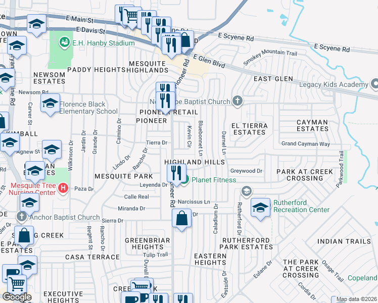 map of restaurants, bars, coffee shops, grocery stores, and more near 808 Kevin Circle in Mesquite