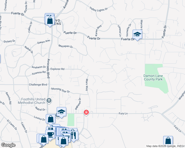 map of restaurants, bars, coffee shops, grocery stores, and more near 11028 Explorer Road in La Mesa