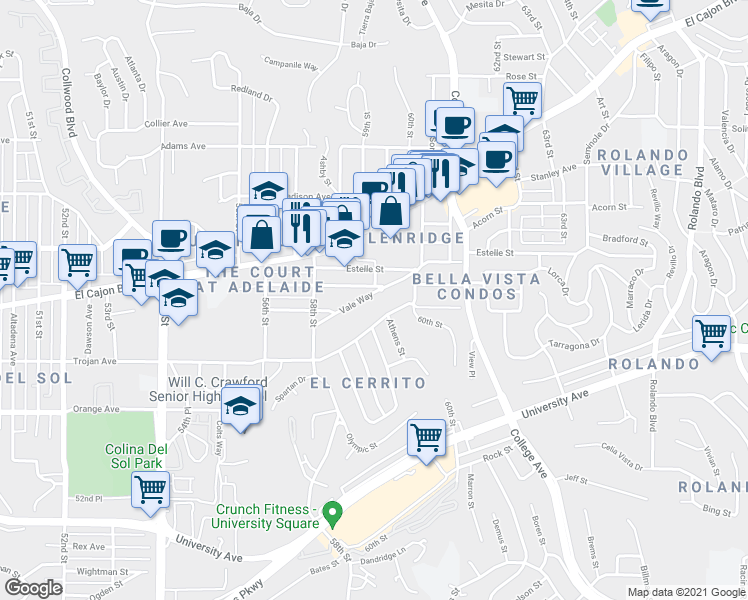 map of restaurants, bars, coffee shops, grocery stores, and more near 5885 Vale Way in San Diego