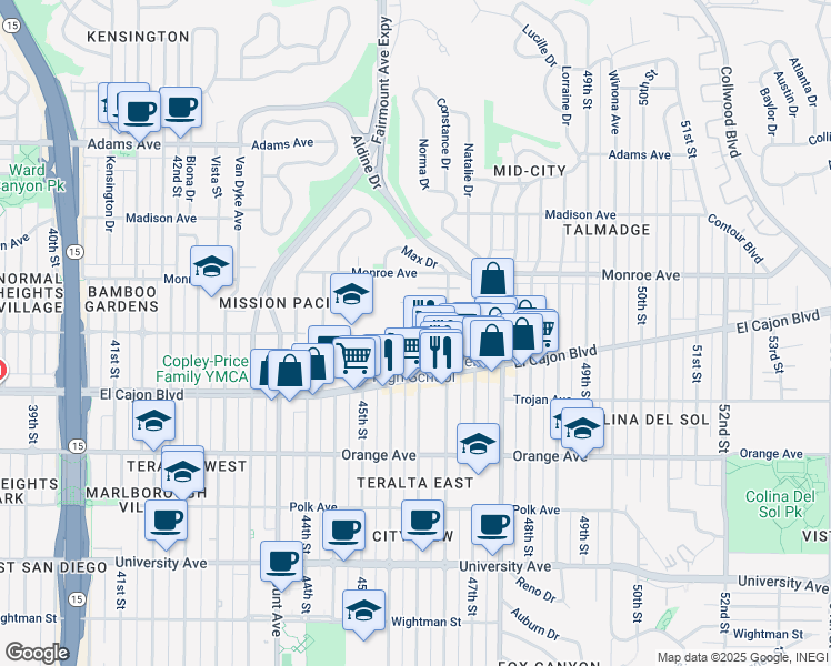 map of restaurants, bars, coffee shops, grocery stores, and more near 4341 46th Street in San Diego