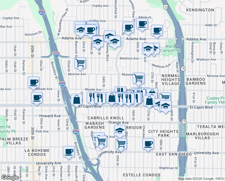 map of restaurants, bars, coffee shops, grocery stores, and more near 3461 Meade Avenue in San Diego