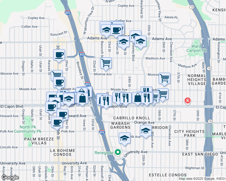 map of restaurants, bars, coffee shops, grocery stores, and more near 3283 Meade Avenue in San Diego