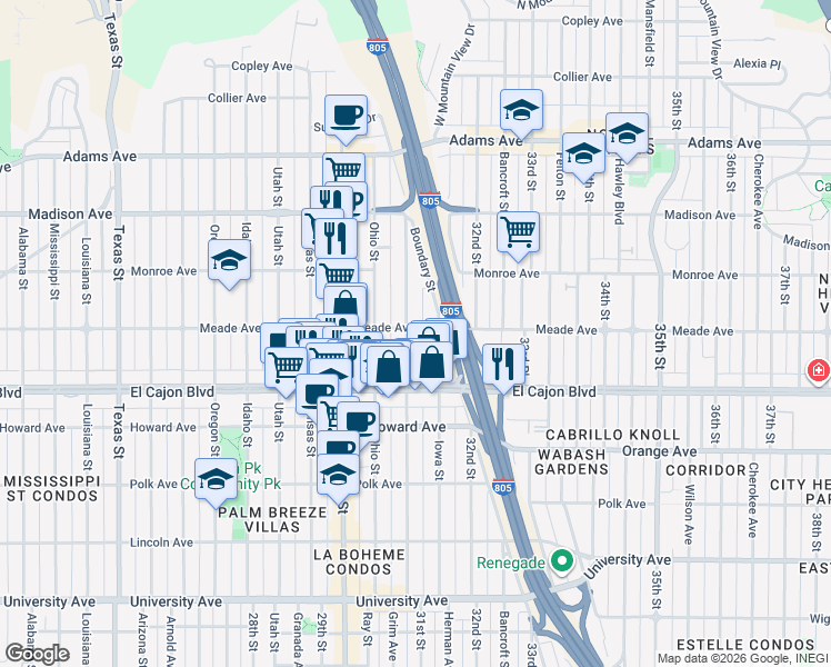 map of restaurants, bars, coffee shops, grocery stores, and more near 4387 Illinois Street in San Diego