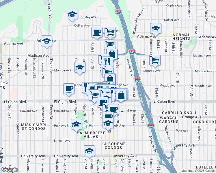 map of restaurants, bars, coffee shops, grocery stores, and more near in San Diego