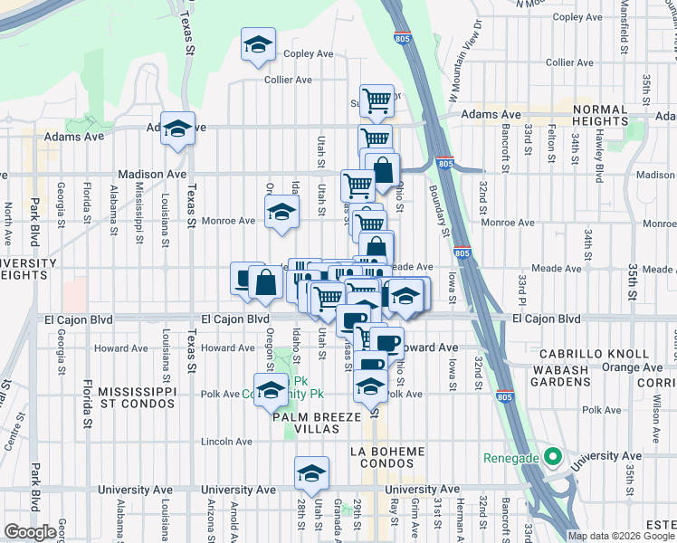 map of restaurants, bars, coffee shops, grocery stores, and more near 4384 Kansas Street in San Diego