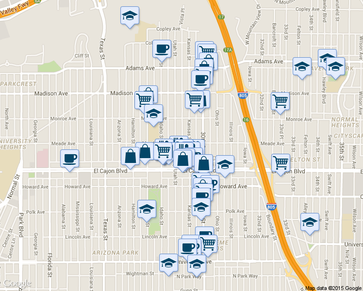 map of restaurants, bars, coffee shops, grocery stores, and more near 4384 Kansas Street in San Diego