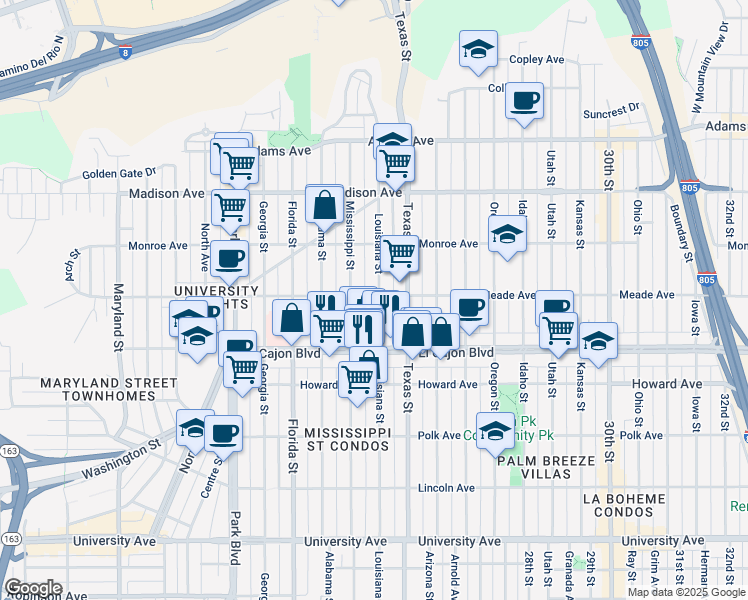 map of restaurants, bars, coffee shops, grocery stores, and more near 4383 Mississippi Street in San Diego