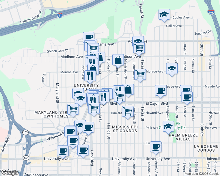 map of restaurants, bars, coffee shops, grocery stores, and more near 1947 Meade Avenue in San Diego