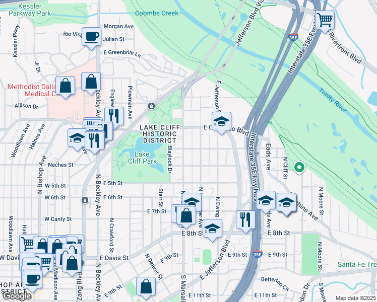 map of restaurants, bars, coffee shops, grocery stores, and more near 727 North Lancaster Avenue in Dallas