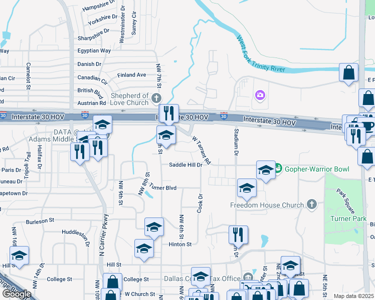 map of restaurants, bars, coffee shops, grocery stores, and more near 417 West Tarrant Road in Grand Prairie