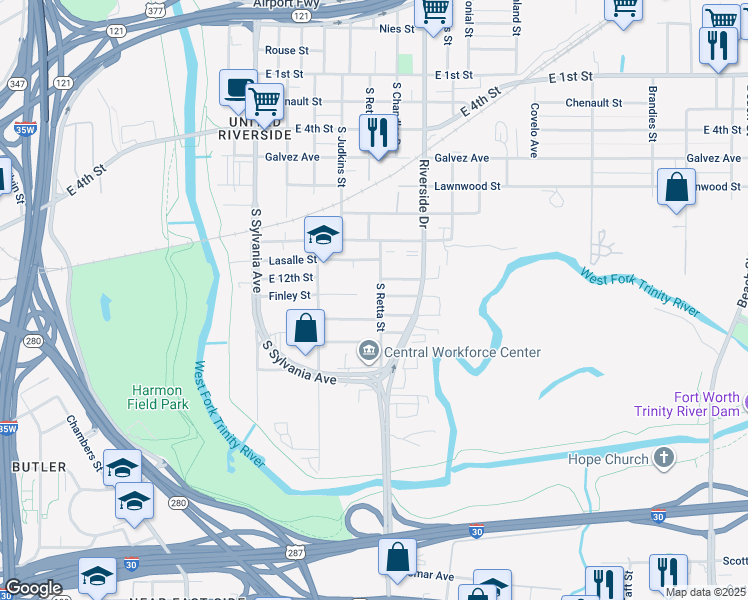 map of restaurants, bars, coffee shops, grocery stores, and more near 3000 Finley Street in Fort Worth