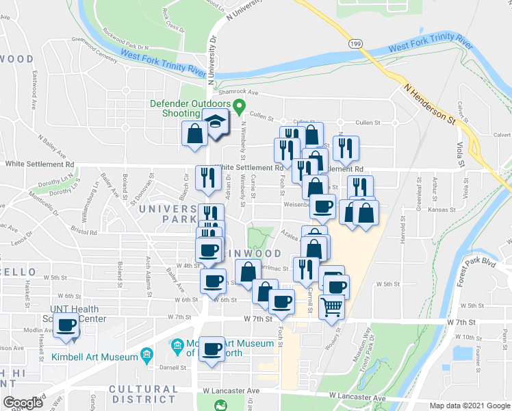 map of restaurants, bars, coffee shops, grocery stores, and more near 2825 Weisenberger Street in Fort Worth