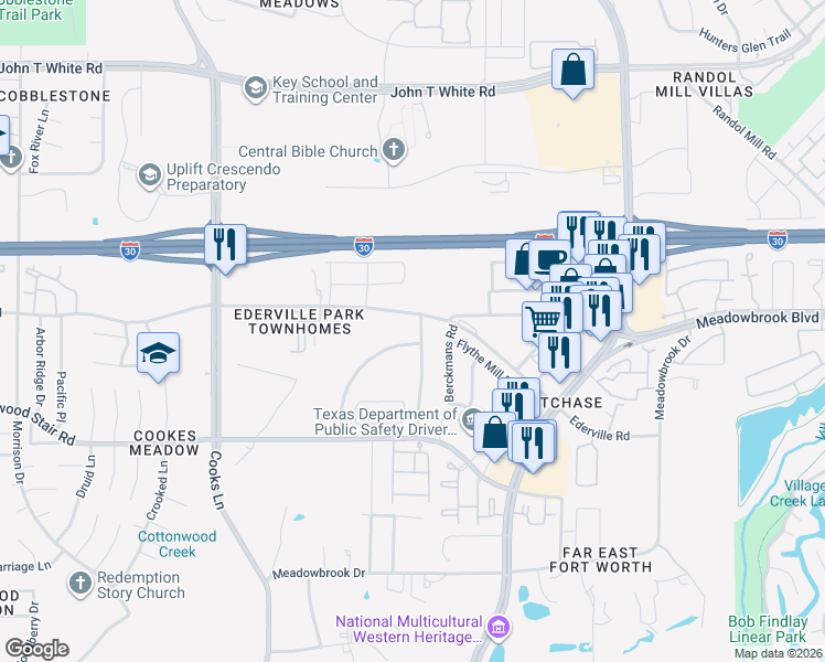 map of restaurants, bars, coffee shops, grocery stores, and more near 1600 East Square Street in Fort Worth
