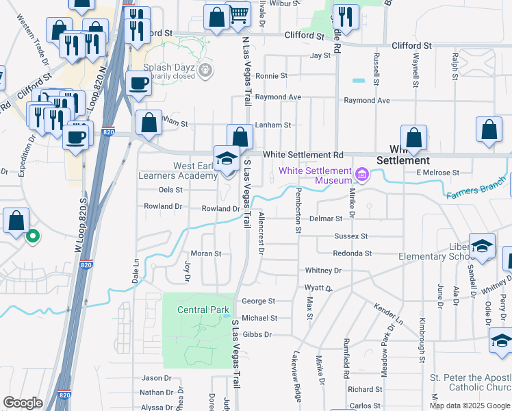 map of restaurants, bars, coffee shops, grocery stores, and more near 304 Allencrest Drive in Fort Worth