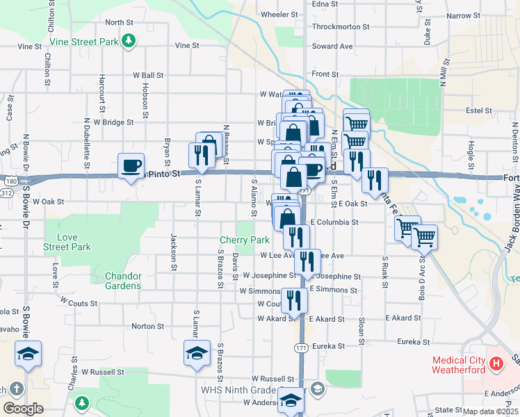 map of restaurants, bars, coffee shops, grocery stores, and more near 211 West Oak Street in Weatherford
