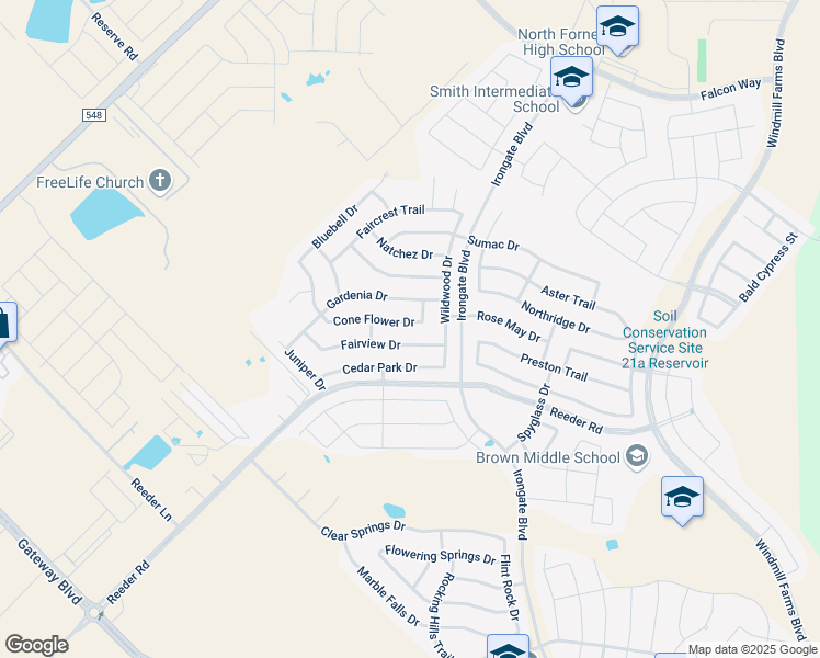 map of restaurants, bars, coffee shops, grocery stores, and more near 2008 Cone Flower Drive in Forney