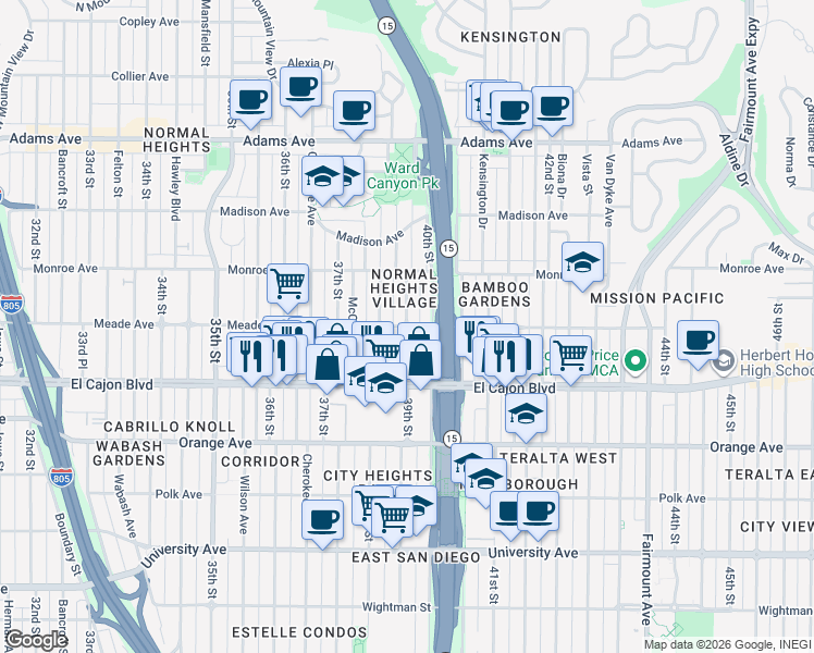 map of restaurants, bars, coffee shops, grocery stores, and more near Meade Avenue & 39th Street in San Diego