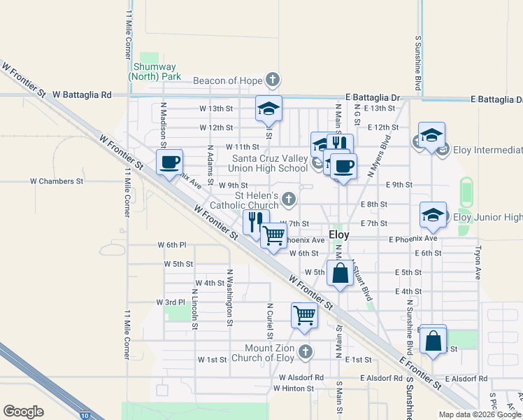 map of restaurants, bars, coffee shops, grocery stores, and more near 305 West 8th Street in Eloy