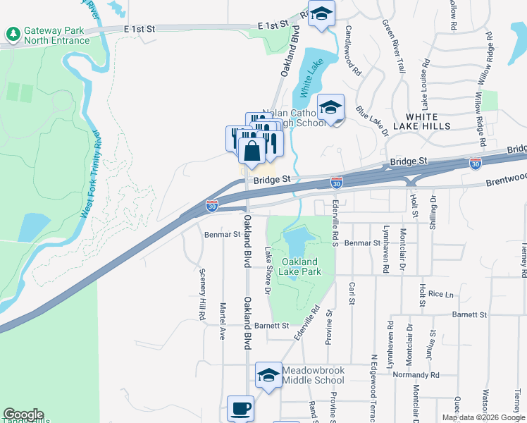 map of restaurants, bars, coffee shops, grocery stores, and more near 1421 Lake Shore Drive in Fort Worth