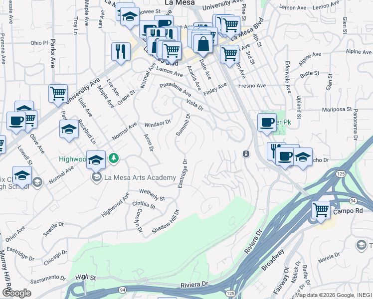 map of restaurants, bars, coffee shops, grocery stores, and more near 4293 Summit Drive in La Mesa