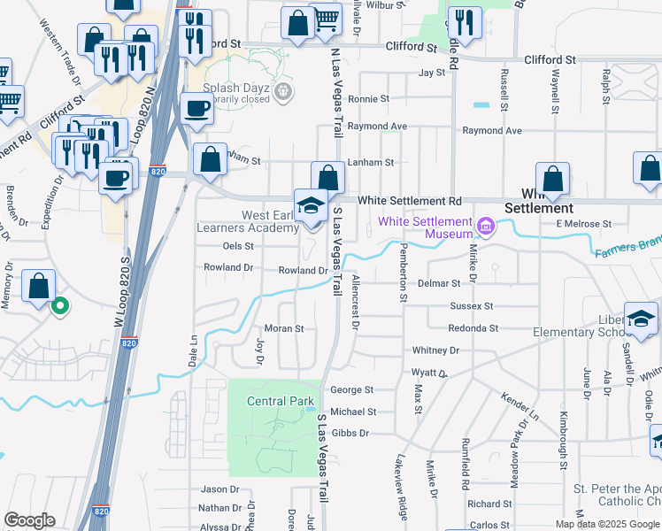 map of restaurants, bars, coffee shops, grocery stores, and more near 304 Allencrest Drive in Fort Worth
