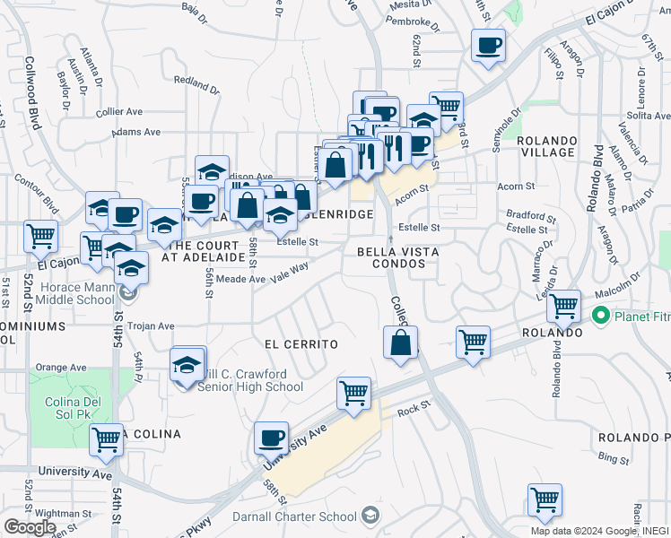 map of restaurants, bars, coffee shops, grocery stores, and more near 5988 Trojan Avenue in San Diego