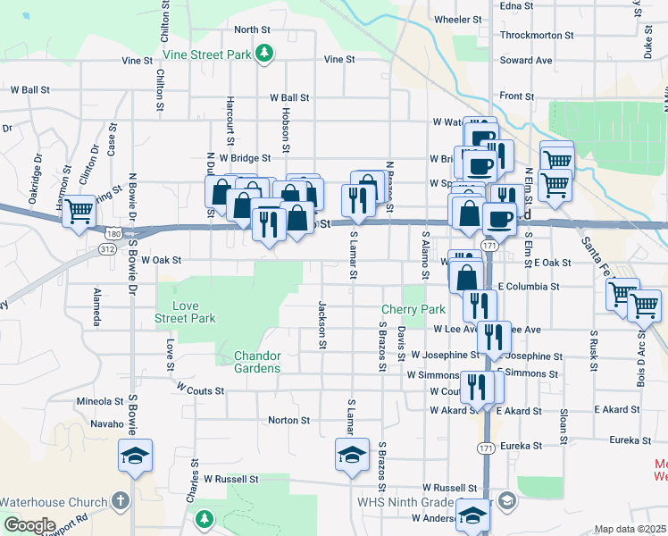 map of restaurants, bars, coffee shops, grocery stores, and more near 511 West Oak Street in Weatherford