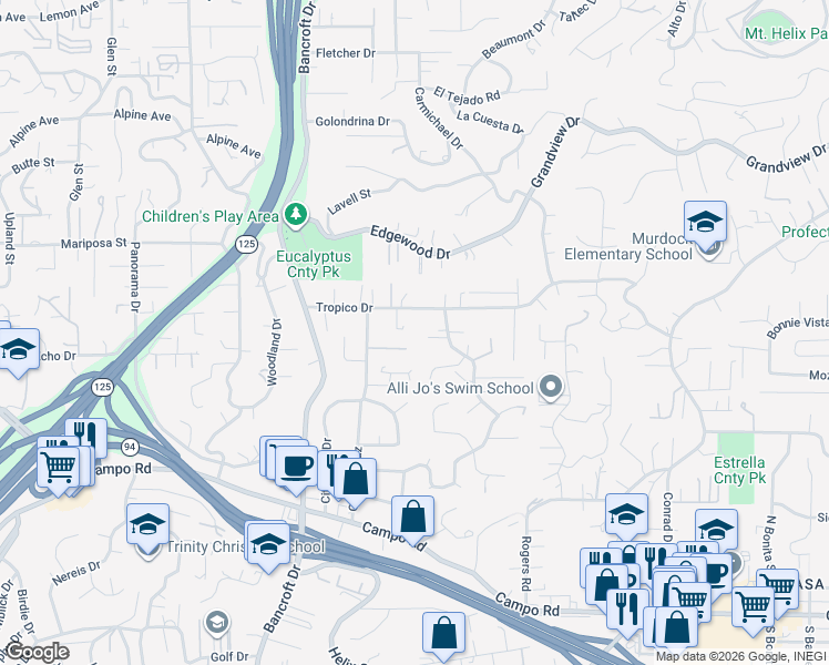 map of restaurants, bars, coffee shops, grocery stores, and more near 9235 Tropico Drive in La Mesa