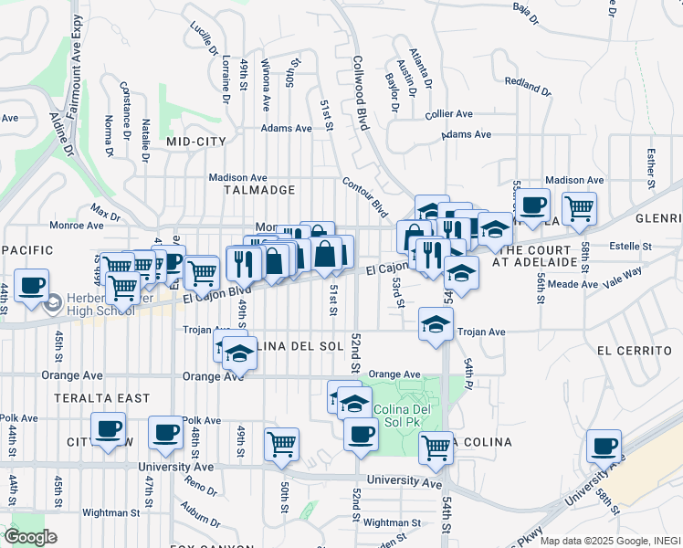 map of restaurants, bars, coffee shops, grocery stores, and more near El Cajon Boulevard in San Diego